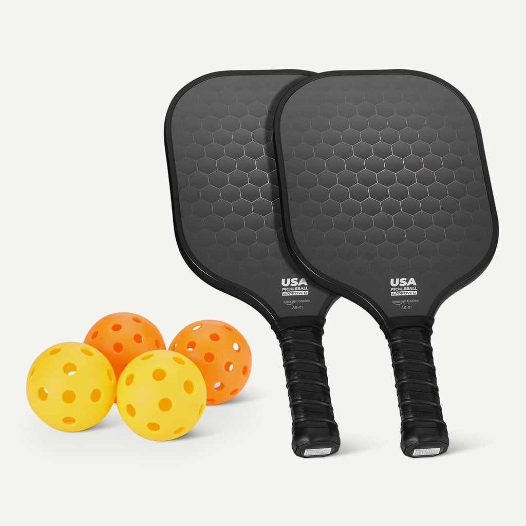 Test AB USAPA-Approved Glass-Frame Pickleball Paddle Set with 4 Balls and 2 Grips, Stealth Black, Pack of 2