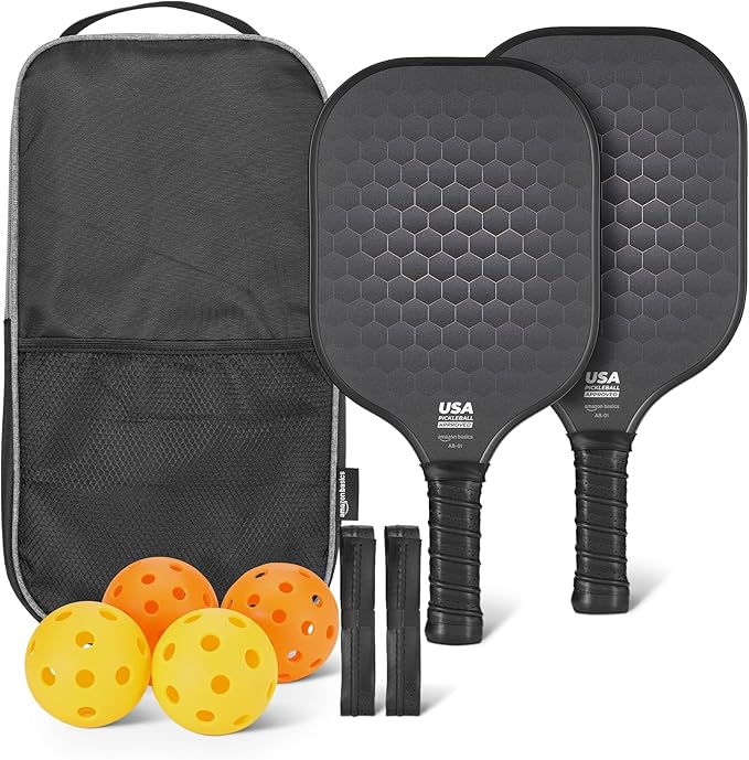 Test AB USAPA-Approved Glass-Frame Pickleball Paddle Set with 4 Balls and 2 Grips, Stealth Black, Pack of 2